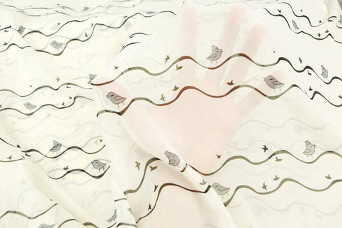 Birds and Hats Printed Chiffon Fabric Black Gray Cream 2 yards